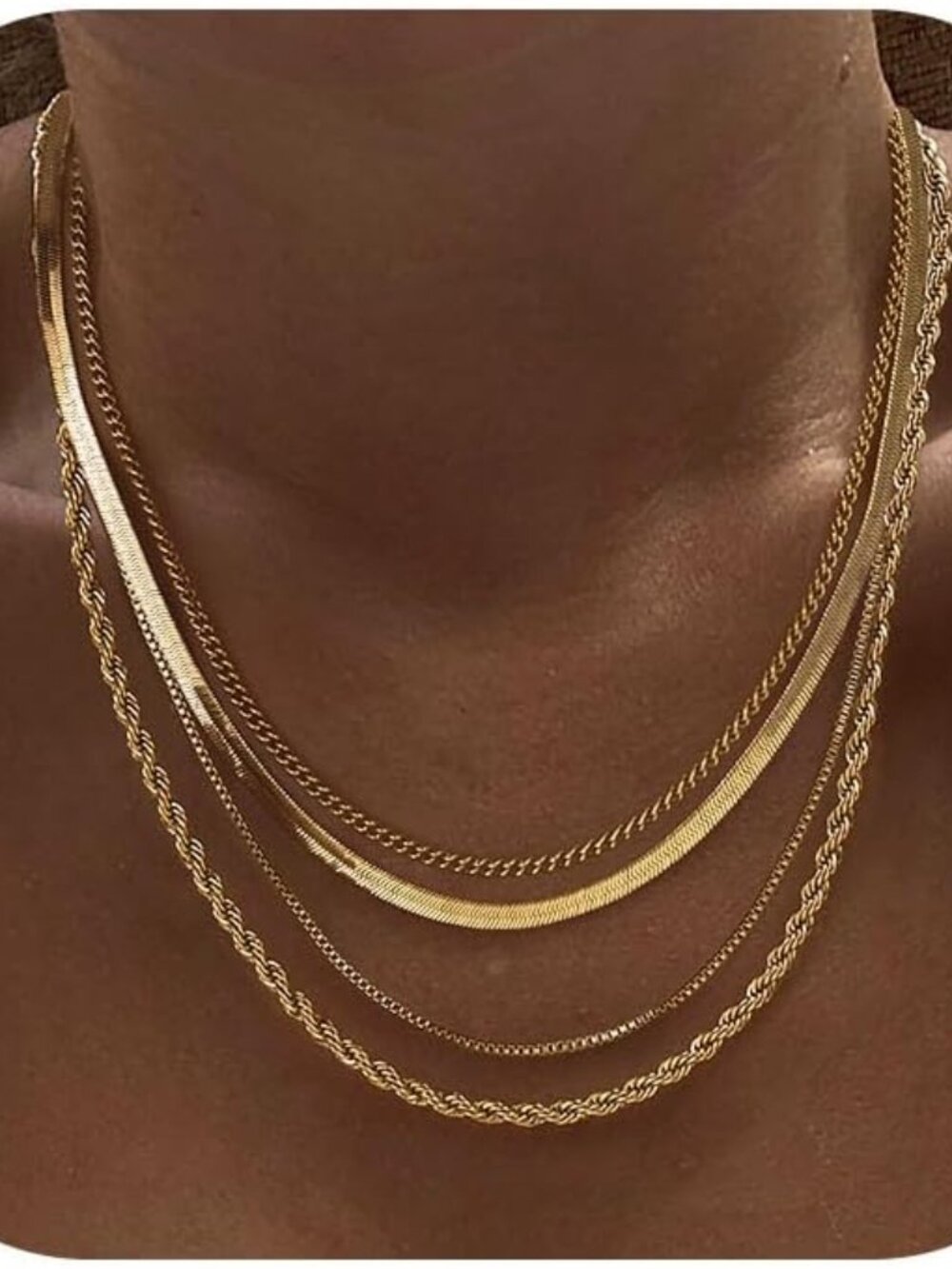 Layered Necklaces for Women Non Tarnish- Chunky 14k Gold Plated Herringbone/Snak